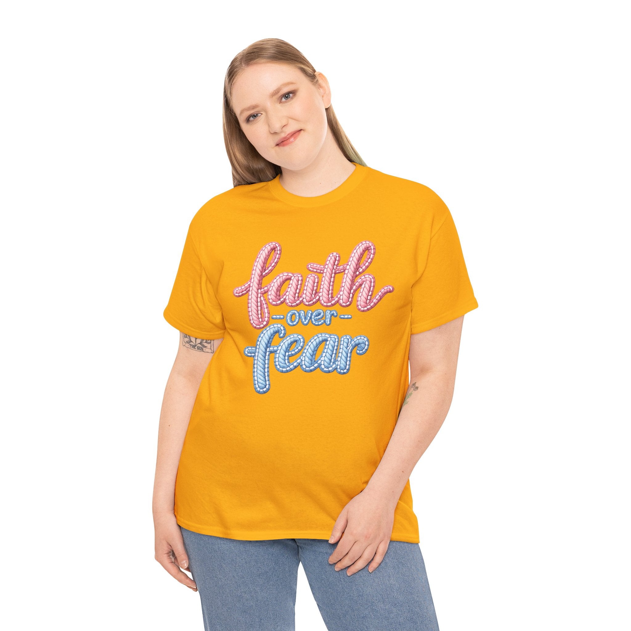 Faith Over Fear T-Shirt — Inspirational Christian Tee (Pink & Blue Script)