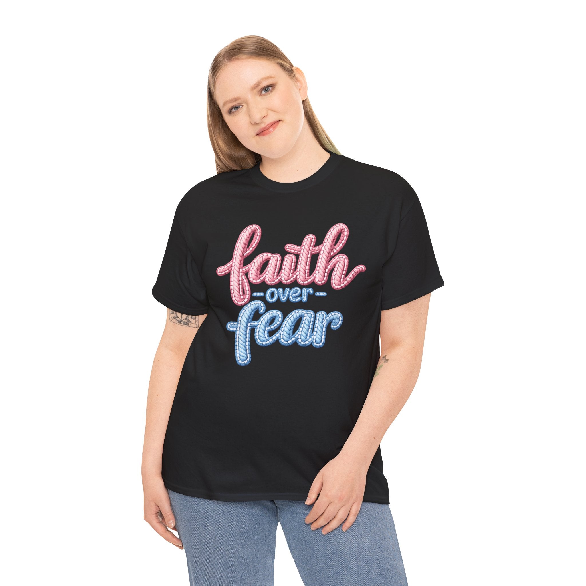 Faith Over Fear T-Shirt — Inspirational Christian Tee (Pink & Blue Script)