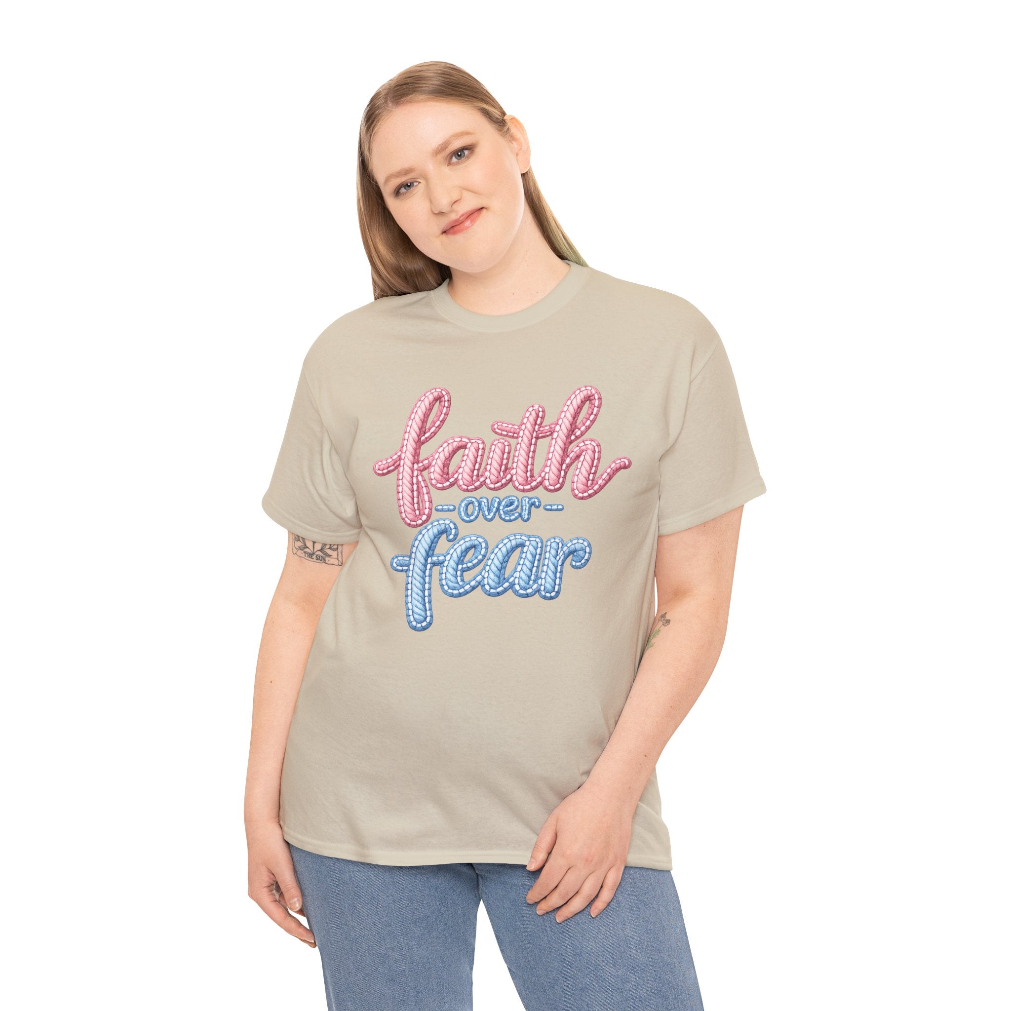 Faith Over Fear T-Shirt — Inspirational Christian Tee (Pink & Blue Script)