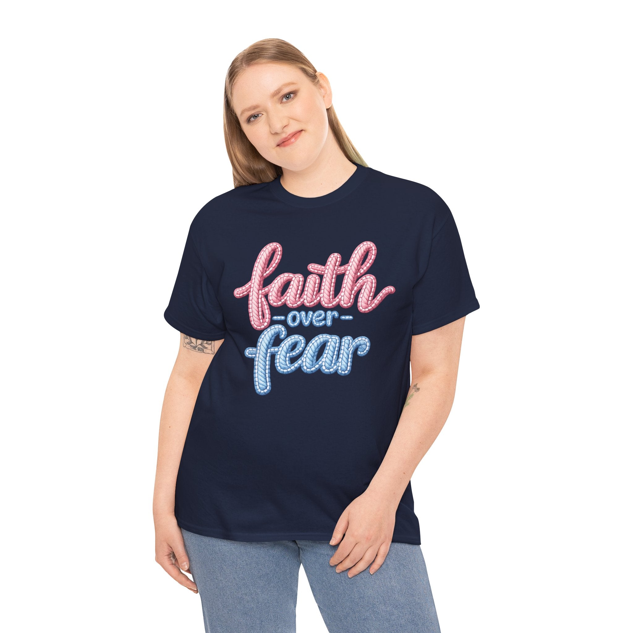 Faith Over Fear T-Shirt — Inspirational Christian Tee (Pink & Blue Script)