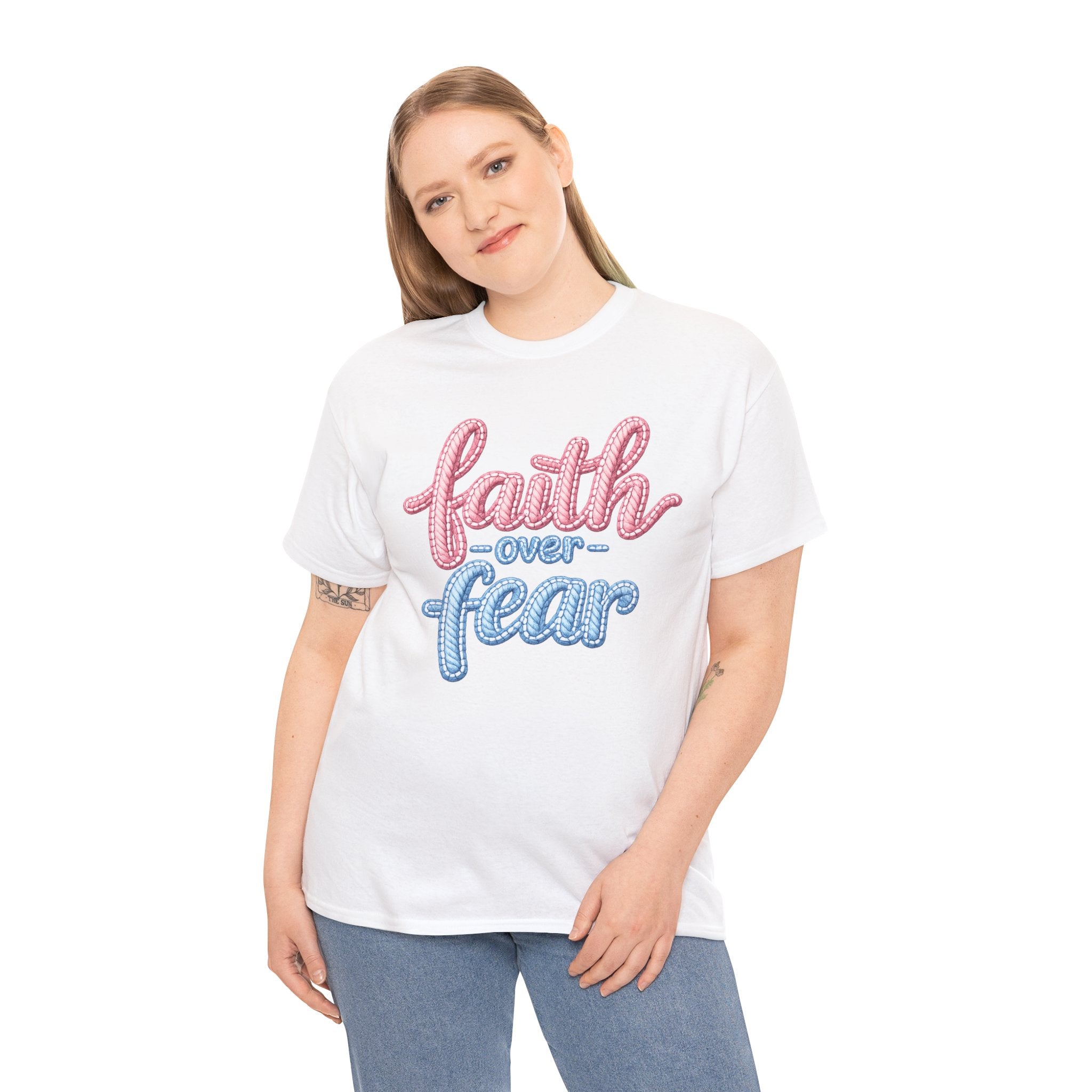 Faith Over Fear T-Shirt — Inspirational Christian Tee (Pink & Blue Script)