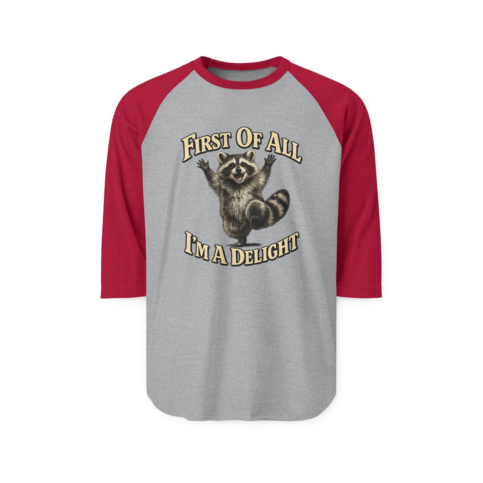 Delightful Raccoon Raglan Shirt – “First Of All I’m A Delight” 3/4 Sleeve