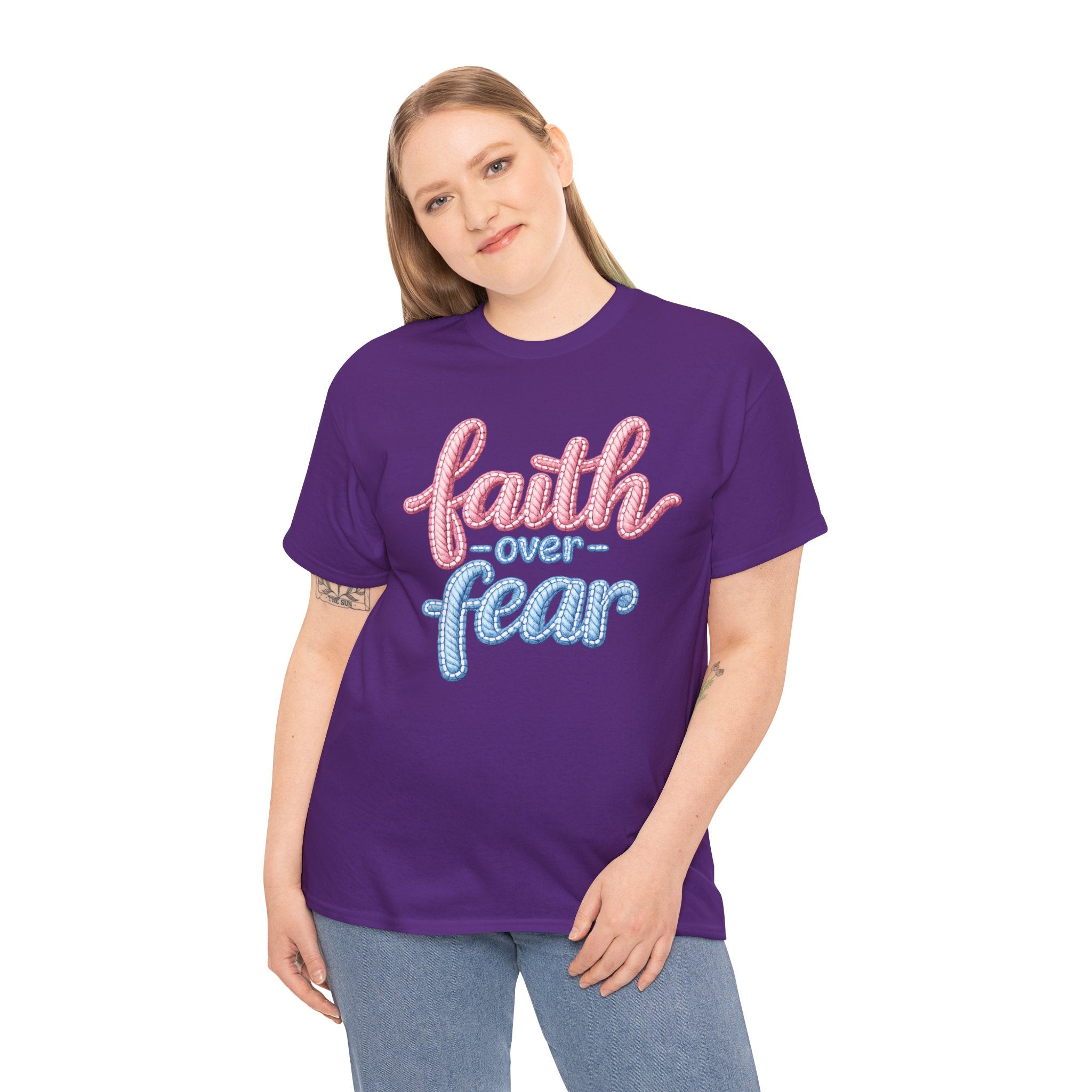 Faith Over Fear T-Shirt — Inspirational Christian Tee (Pink & Blue Script)